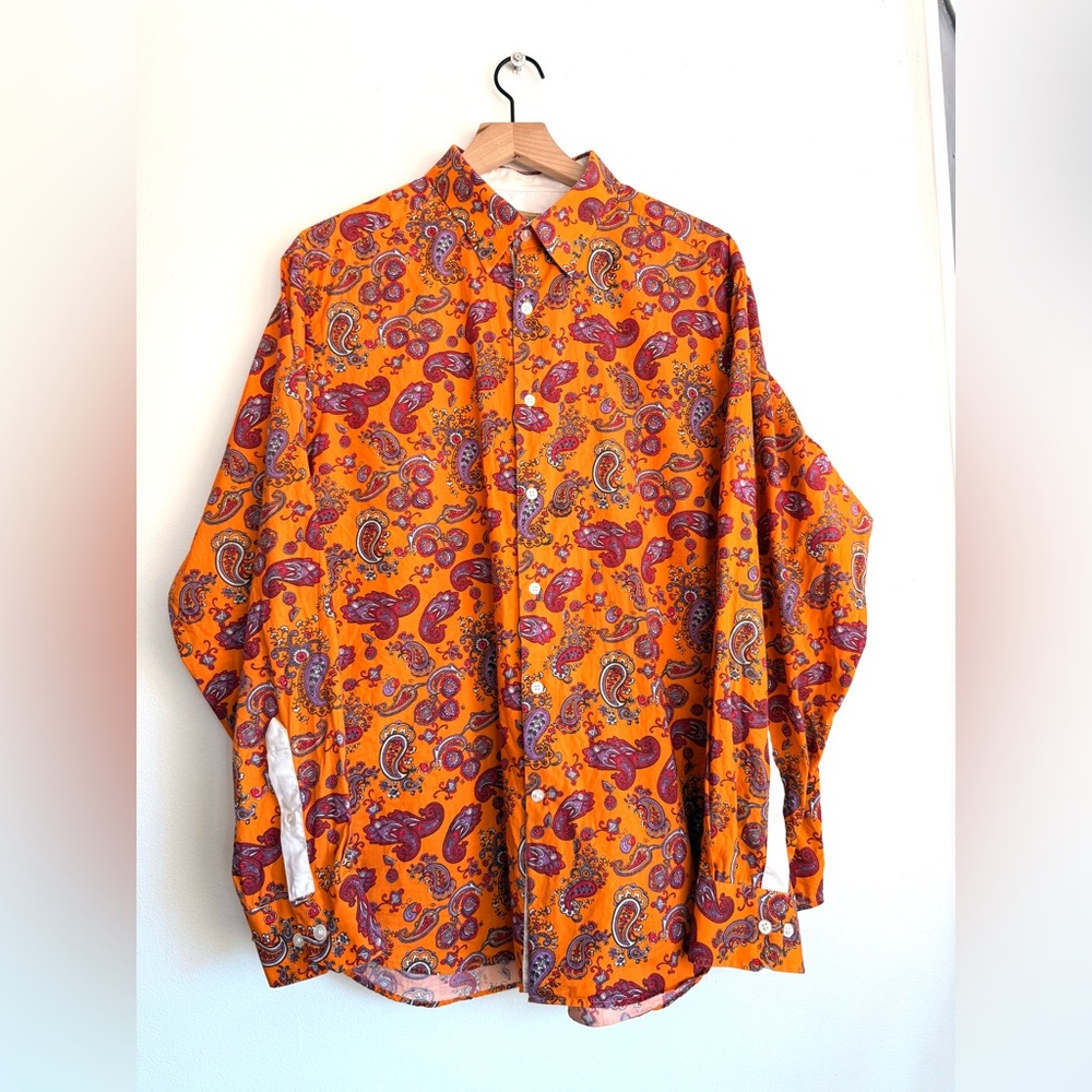 Cremieux XL Bright Orange Paisley Shirt Mens Bold Retro Psychedelic‎ Button Down
